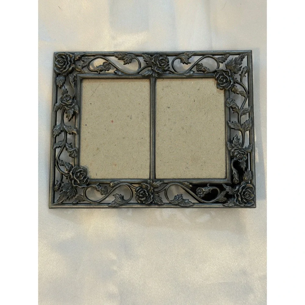 Vintage Pewter Tone Rose Filigree Double Photo Frame Floral 2x3 Horizontal
